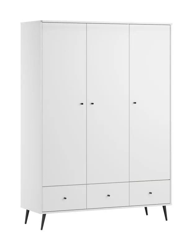 Modern Baby Room Closet White | Black Handles & Legs | 3 Doors | 3 Drawers | Soft-Close | 133 x 50 x 185 cm
