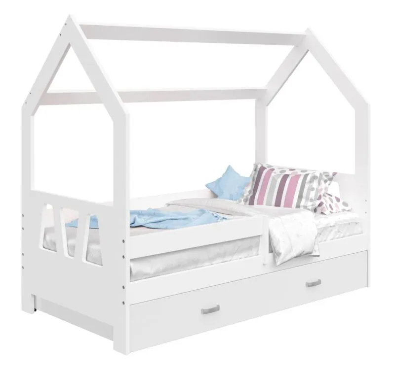Children's bed / house bed, solid pine wood, White lacquered D3A, incl. slatted frame - Lying surface: 80 x 160 cm (w x l)