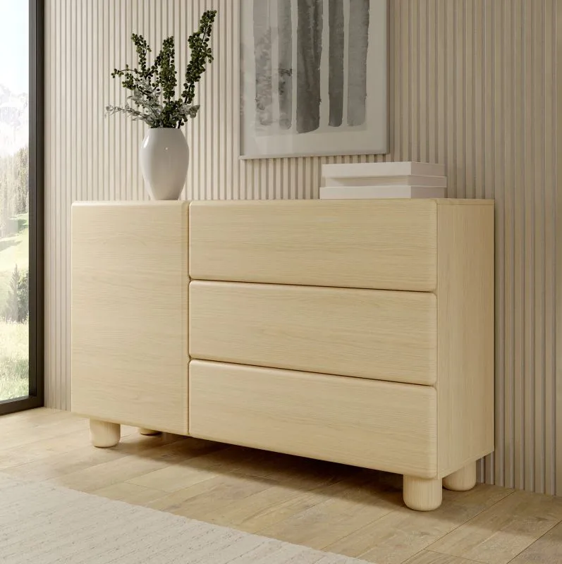 Chest of drawers | 1 door | 3 drawers | color: Vicenza oak | push-to-open function | 130 x 38 x 80 cm | 2 compartments | ABS edges | wooden legs | for living room
