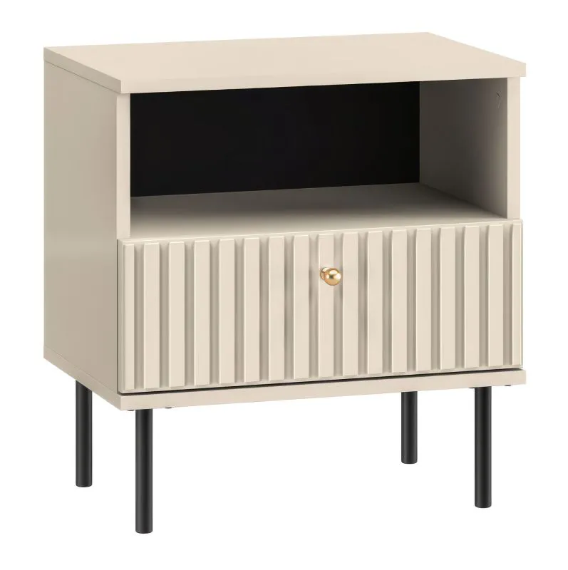 Petkula 07 Bedside Table | Light Beige | 53 x 50 x 34 cm | 1 Drawer, 1 Compartment | Elegant Gold Handles