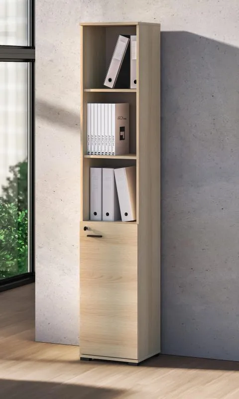 Shelf | Color: Lindberg Oak | narrow | 1 hinged door | soft-close feature | 5 compartments | 39 x 34 x 203 cm | for the office and home office | lockable door