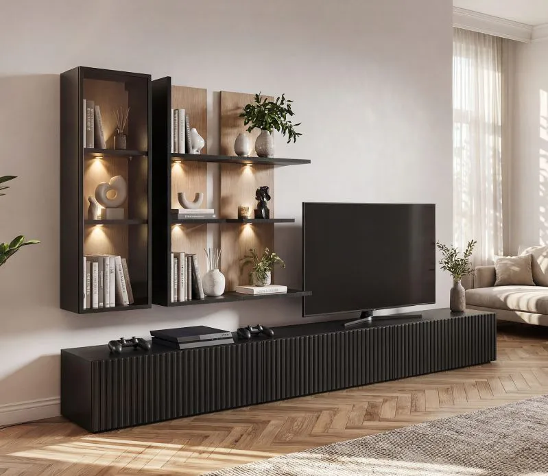 Wall unit | 3 meters long | color: black / oak vicking | ribbed front | incl. integrated LED lighting | 1 display cabinet | 2 wall shelves | 300 x 45 x 160 cm