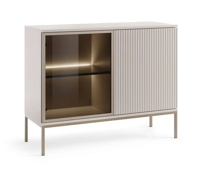 Elegant Chest of Drawers with Glass Door | Cashmere | 83 x 104 x 39 cm | 4 Compartments | LED Lighting | Push-to-Open | 2 Doors