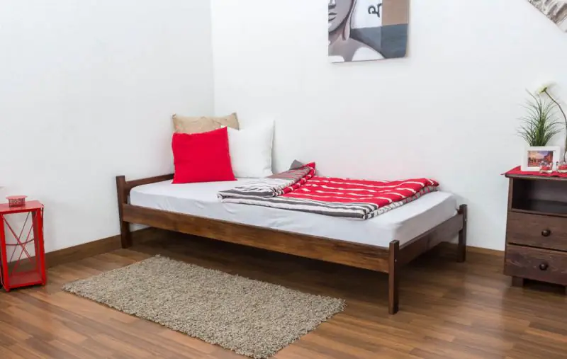Single bed / Guest bed A14, solid pine wood, nut finish, incl. slats - 90 x 200 cm 