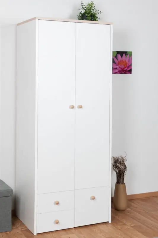 Children's room - Hinged door cabinet / Wardrobe Egvad 02, Colour: White / Beech - Measurements: 193 x 80 x 51 cm (H x W x D), with 2 doors, 3 drawers and 1 compartment