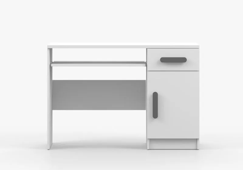 Smolikas 96 Desk | 1.1 Meter Wide | 75 x 110 x 50 cm | 1 Drawer | 3 Compartments | White | 1 Door | Grey Wooden Handles