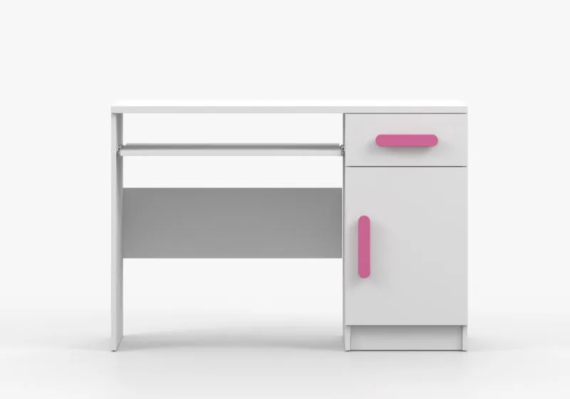 Smolikas 90 Desk | 1.1 Meter Wide | White Finish | Pink Wooden Handles | 1 Door | 1 Drawer | 3 Compartments | 75 x 110 x 50 cm