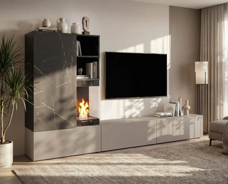 Wall unit | clay gray / black marble | incl. bio-ethanol fireplace | push-to-open function | 270 x 40 x 158 cm | modern design | for living room