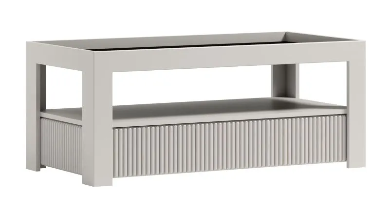 Coffee Table in Cashmere | 53 x 121 x 61 cm | Grooved Sides | Brown Glass Top | Storage Compartment | Modern Design