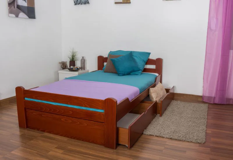 Single bed / guest bed "Easy Premium Line" K4 incl. 2 drawers and 1 cover panel, 120 x 200 cm solid beech wood cherry-colored