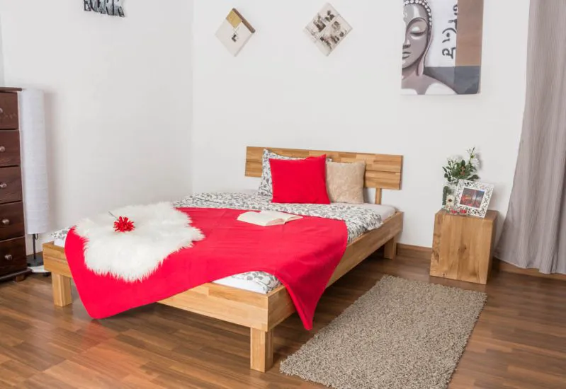 Youth bed / futon bed made of oiled solid oak wood Wooden Nature 01, mattress size: 140 x 200 cm, with headboard, frame thickness 25 mm