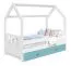 Children's bed / house bed, solid pine wood, White lacquered D3A, drawer: blue, incl. slatted frame - Lying surface: 80 x 160 cm (w x l)