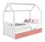 Children's bed / house bed, solid pine wood, White lacquered D3C, drawer: pink, incl. slatted frame - Lying surface: 80 x 160 cm (w x l)
