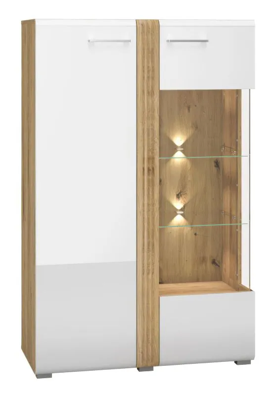 Tullahoma 03 Display Cabinet | Glass Door Right | Oak / White Gloss | 143 x 92 x 42 cm | 1 Door, 9 Compartments
