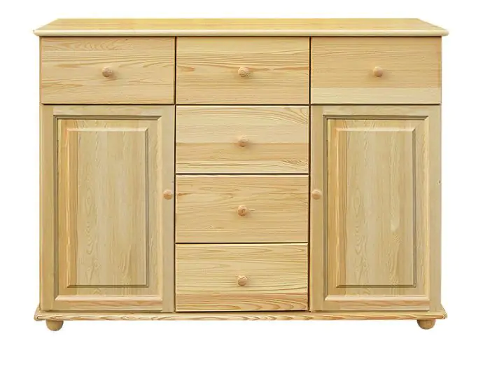 Sideboard Junco 163, 6 drawer, 2 door, solid pine wood, clearly varnished - H100 x W140 x D42 cm