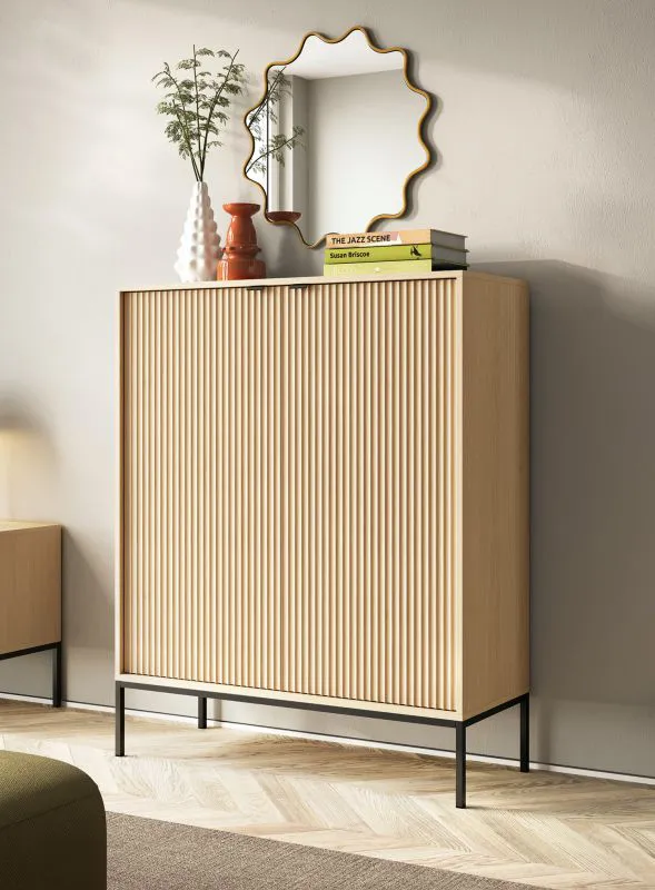 Chest of Drawers | Fluted Front | Color: Vicenza Oak | Highboard | 2 Doors | Dimensions: 104 x 39 x 125 cm | ABS Edge Protection | 6 Compartments | Modern Design