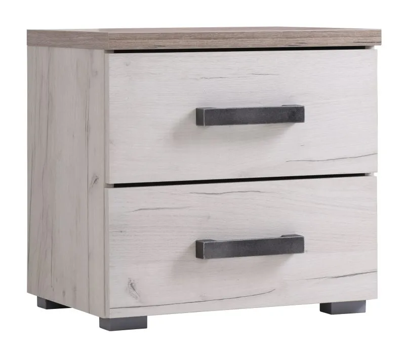 Bedside Cabinet with Two Drawers Zemun 09 | Oak Grey & Oak White | 43 x 44.5 x 33.5 cm | ABS Edge Protection | Black Handles