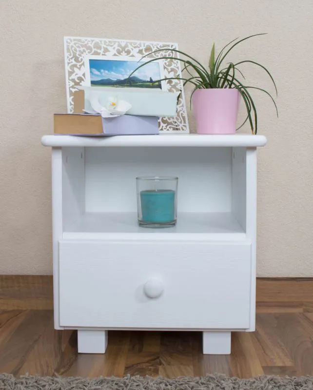 Nightstand Solid Pine | White Lacquered | 1 Drawer & Open Compartment | 43 x 43 x 33 cm | Model 004