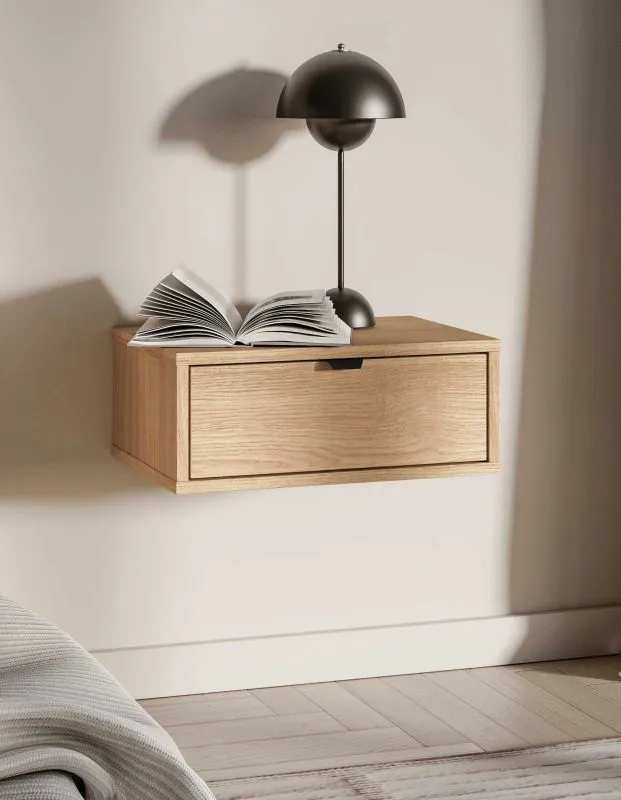 Wall-mounted nightstand | 1 full-extension drawer | Color: Mavelie Oak | Soft-close feature | 45 x 33 x 18 cm | Nightstand | for the bedroom