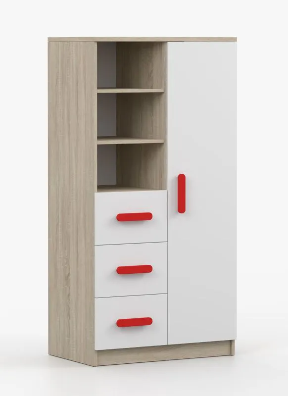 80 cm Bookcase | 159 x 80 x 40 cm | White & Sonoma Oak | Smolikas 29 | 3 Drawers | 7 Compartments | Red Handles