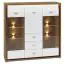 Display case Tempe 07, colour: Nut colours / white high gloss, front insert: white - measurements: 133 x 135 x 41 cm (H x W x D), with 3 doors, 3 drawers and 8 compartments