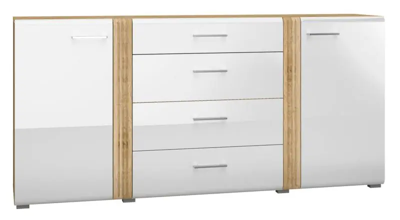 Chest of drawers Tullahoma 06, Colour: Oak / Glossy White - Measurements: 90 x 190 x 42 cm (H x W x D), with 2 doors, 4 drawers and 4 shelves