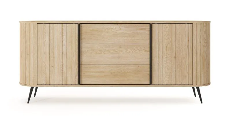 Chest of drawers | 2 sliding doors | color: Cremona oak | 3 drawers | push-to-open function | 196 x 40 x 82 cm | rounded sides | 4 compartments | ABS edges