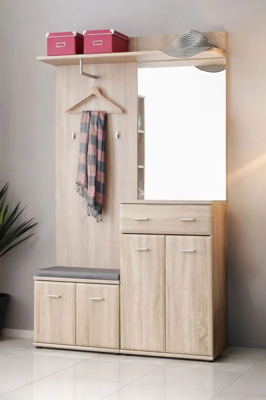 Wardrobe with Seat Bratteli 04 | Oak Sonoma | 203 x 120 x 32 cm | Modern Entryway Storage with Cushion