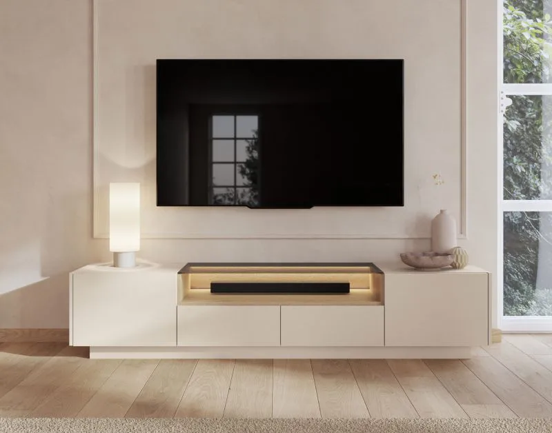 TV cabinet | color: beige / oak Cremona | 2 hinged doors | incl. LED lighting | 3 compartments | 203 x 40 x 43 cm | push-to-open function | TV board | 2 drawers