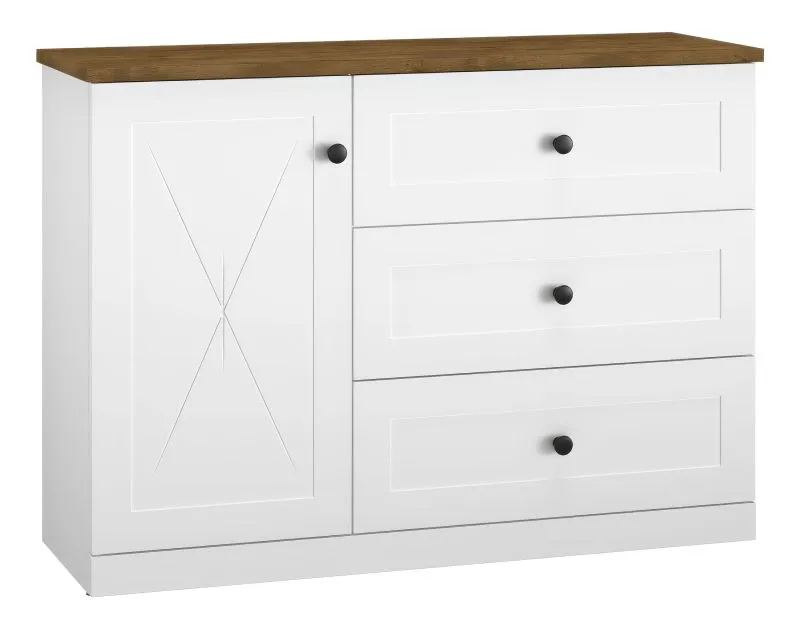 Chest of Drawers Oulainen 08 | White & Oak | 86 x 120 x 40 cm | 1 Door, 3 Drawers, 2 Compartments