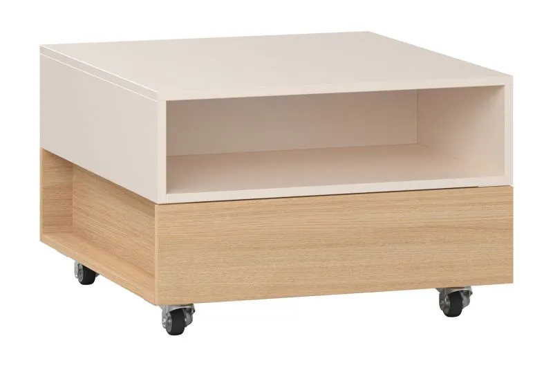 Coffee Table on Four Castors | 1 Open Compartment | 1 Drawer | Oak / Beige | Soft-Close & Push-to-Open | For Living Room