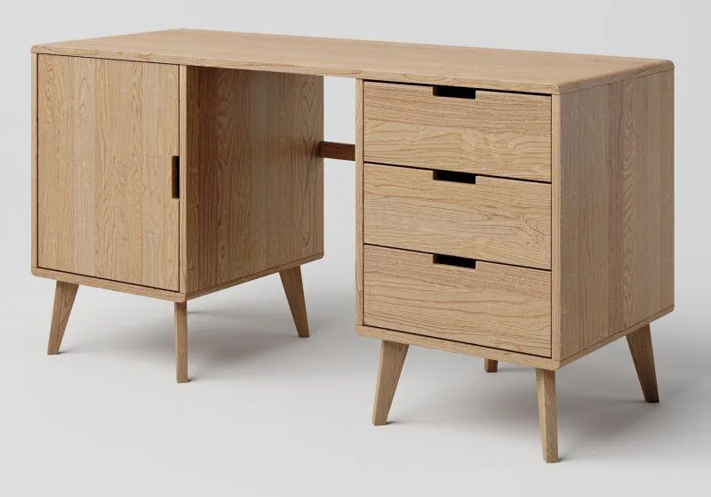 Desk Solid Oak Natural Aurornis 69 | Modern Design | 75 x 142 x 55 cm | 3 Drawers, 1 Door, 1 Shelf