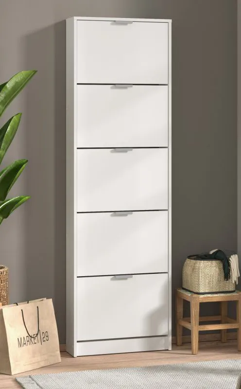 Shoe Cabinet Veliko 08 | White Finish | 5 Hinged Doors | Grey Handles | 191.5 x 58 x 18 cm | 5 Compartments