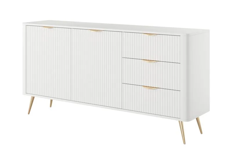 Chest of Drawers | Long Sideboard | White | 3 Drawers | 4 Compartments | Dimensions: 81 x 163 x 38 cm | Handles & Legs: Metal | 2 Doors | Slatted Design