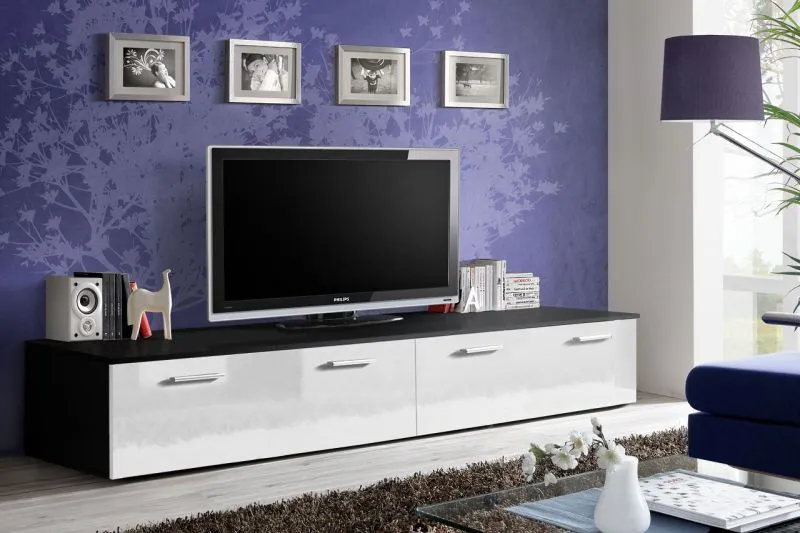 Modern TV Cabinet Bjordal 62 | White High Gloss & Black Matt | 200 cm Wide | 4 Compartments