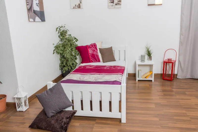 Single bed / guest bed solid pine white lacquered 66, incl. slatted frame - dimensions 100 x 200 cm