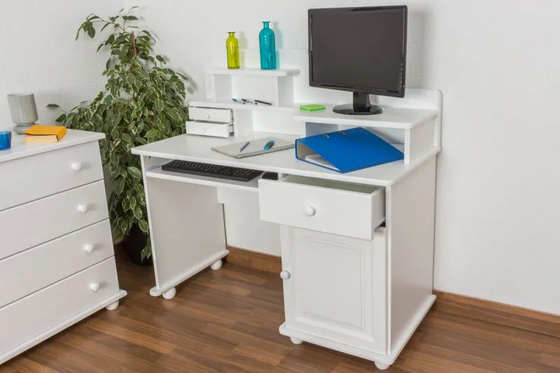 Sturdy Solid Pine Desk White Lacquered Junco 188 | 106 x 120 x 57 cm | 3 Drawers | 2 Screen Shelves | Keyboard Tray