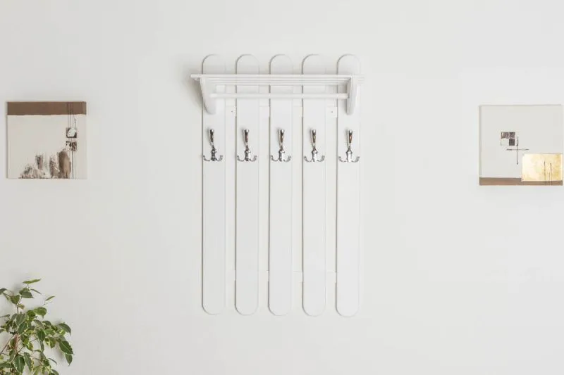 Wardrobe Solid Pine Wood White Lacquered Junco 348 | 100 x 60 x 33 cm | 5 Hooks & Shelf