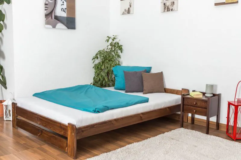 Single bed / guest bed solid pine walnut A9, incl. slatted frame - dimensions 140 x 200 cm