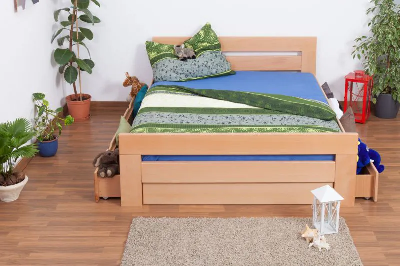 Youth Bed Easy Premium Line K6 | 160 x 200 cm | Solid Beech Wood Natural | 4 Drawers | 2 Cover Panels