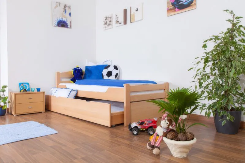 Children's Bed "Easy Premium Line" K1/2h | 2nd Pull-Out Bed & Cover Panels | 90 x 200 cm Solid Beech Wood | Natural Finish