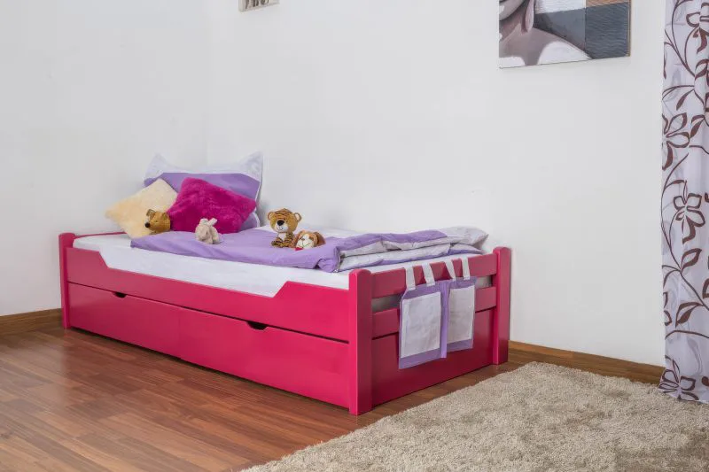 Children's Bed / Youth Bed Easy Premium Line K1/1n | 90 x 200 cm | Solid Beech Wood | Pink | 2 Drawers & 2 Cover Panels