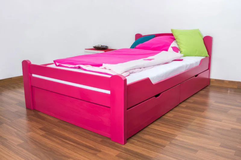 Youth Bed Easy Premium Line K4 | 120 x 200 cm | Solid Beech Wood | Pink | 2 Drawers & Cover Panel