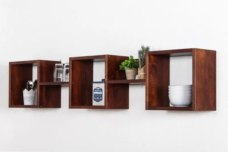 Suspended Wall Shelf Solid Pine Wood | Walnut Colour | Junco 285 | 33 x 162 x 20 cm | Modern 3-Compartment Rack