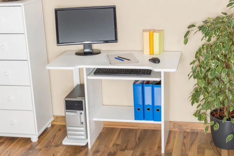 Solid Pine Desk White Lacquered Junco 195 | 75 x 103 x 57 cm | Pull-Out Tray & Shelf | Modern Space-Saving Design