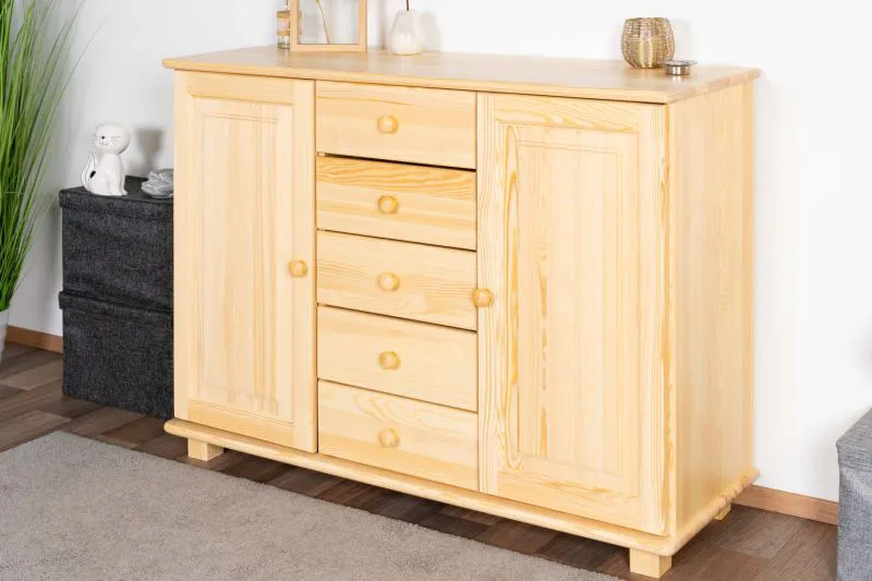Chest of Drawers Solid Pine Solid Wood Natural 039 | 5 Drawers, 2 Doors | 85 x 118 x 42 cm | Modern Storage