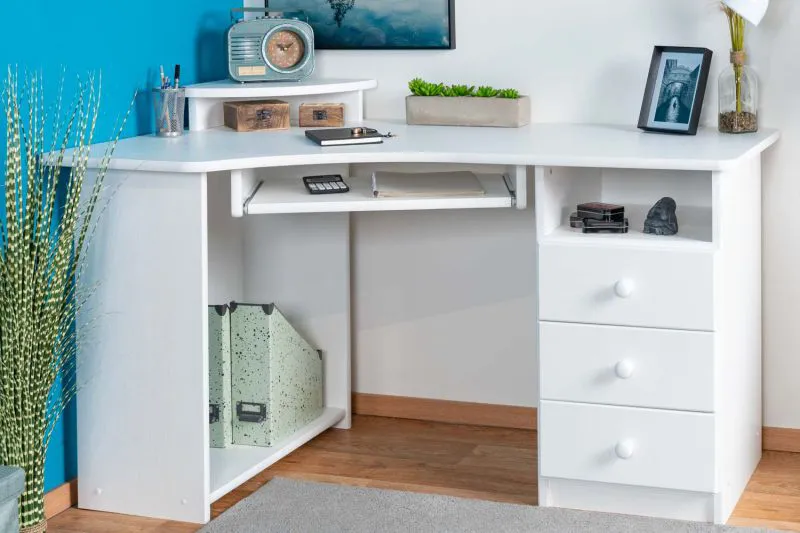 Desk Solid Pine Wood White Lacquered Junco 186 | 3 Drawers | Screen Shelf | 75 x 138 x 83 cm