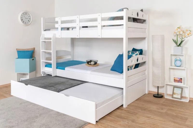 Bunk bed for adults "Easy Premium Line" K18/h incl. mattress base and 2 cover panels, headboard with holes, solid white beech wood - mattress base: 90 x 200 cm, divisible