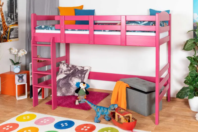 Loft Bed 90 x 200 cm for Children | Easy Premium Line K22/n | Solid Beech Wood | Pink Lacquered | Convertible