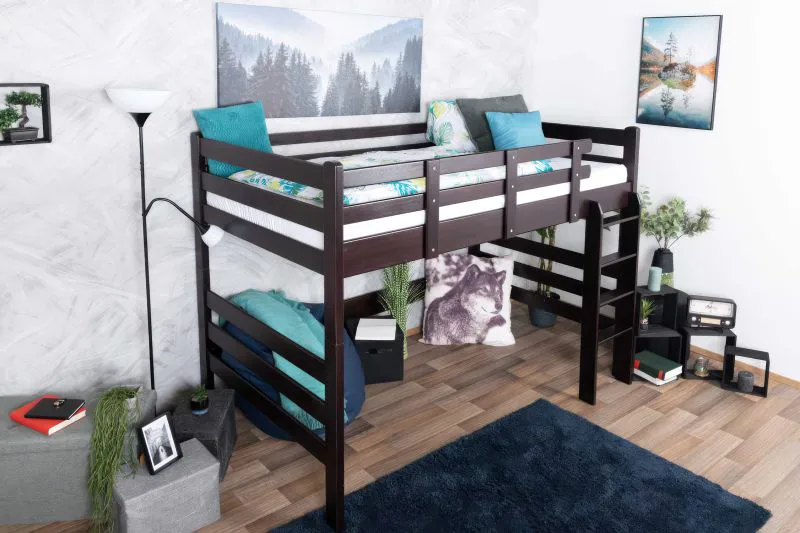 Loft bed 120 x 200 cm "Easy Premium Line" K23/n, solid beech wood chocolate brown lacquered, divisible